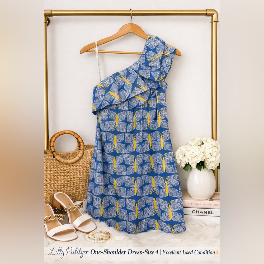Lilly Pulitzer One Shoulder Ruffle Dress Blue Butterfly Print Size 4